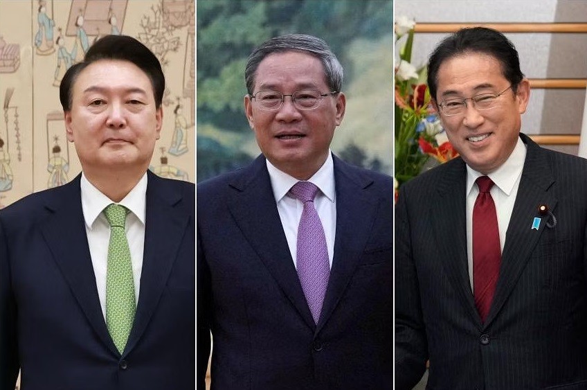 (Từ trái sang phải) Tổng thống Hàn Quốc Yoon Suk-yeol sẽ có cuộc hội đàm song phương với Thủ tướng Trung Quốc Lý Cường và Thủ tướng Nhật Bản Fumio Kishida vào ngày 26/5. Ảnh: EPA-EFE
