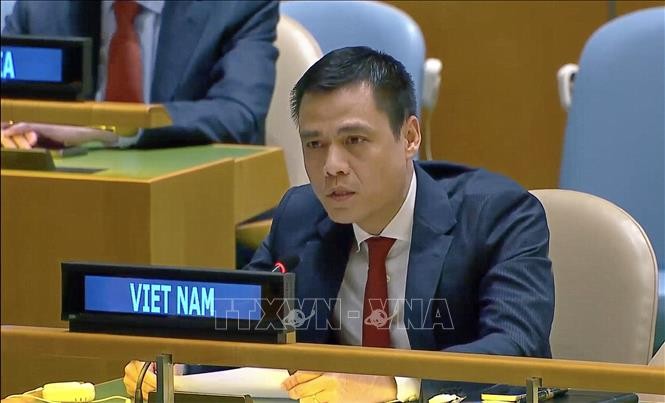Đại sứ Đặng Hoàng Giang, Trưởng Phái đoàn thường trực Việt Nam tại LHQ phát biểu tại phiên thảo luận. Ảnh: Thanh Tuấn/Pv TTXVN tại Hoa Kỳ