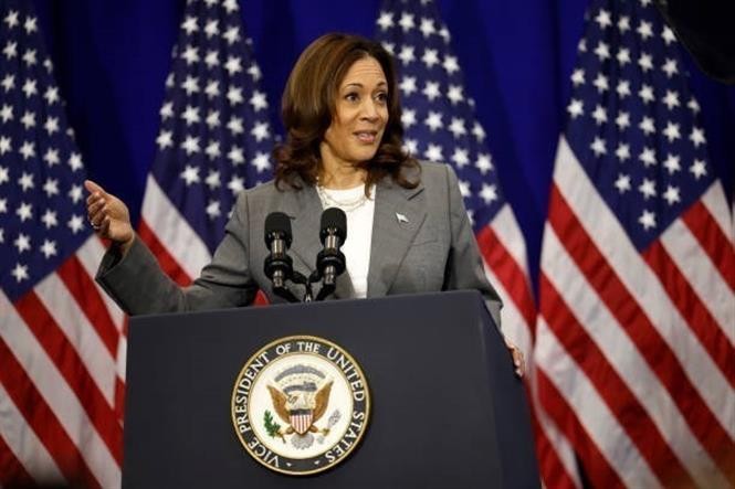 Phó Tổng thống Mỹ Kamala Harris phát biểu tại College Park, Maryland, Mỹ, ngày 24/6/2024. Ảnh: Getty Images/ TTXVN