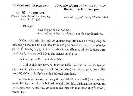 Mạo danh cán bộ văn phòng Bộ Giáo dục triệu tập hội nghị