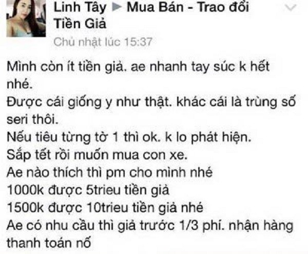 Rao bán tiền giả trên facebook có thể bị truy tố hình sự