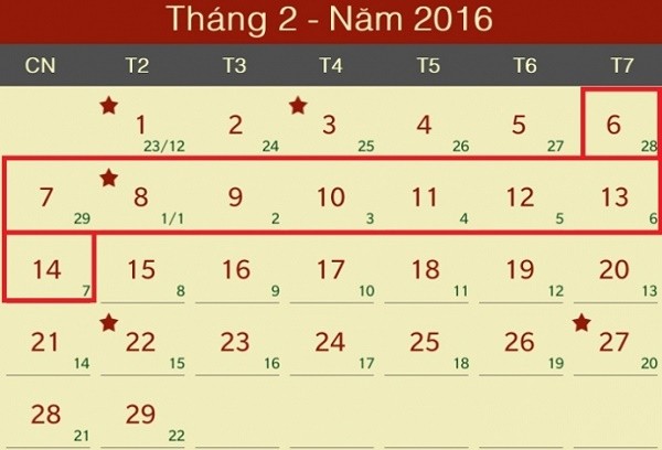 Lịch nghỉ Tết Nguyên đán Bính Thân 2016 gồm 9 ngày