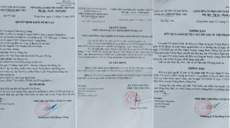 Ông Nhanh nhận được 5 văn bản từ công an, gồm: Thông báo kết quả nguồn tin tố giác tội phạm, Quyết Định khởi tố bị can, Quyết Định phê chuẩn Quyết định khởi tố bị can và 2 văn bản khác nội dung cấm đi khỏi nơi cư trú và cấm xuất nhập cảnh... 