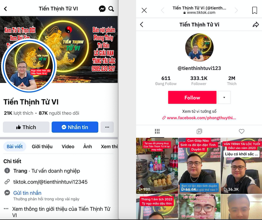 Với hai tài khoản Tiktok; một kênh Youtube; hàng loạt Fanpage, trang cá nhân có tới hàng chục nghìn lượt theo dõi và một nhóm hơn 7 nghìn thành viên trên Facebook; “thầy Thịnh tử vi” nổi lên như một hiện tượng, trở thành bậc thầy tâm linh với đặc trưng là các video clip mang nội dung luận đoán vận hạn, cảnh báo sự đen đủi và cách “cải vận” cho 12 con giáp. 