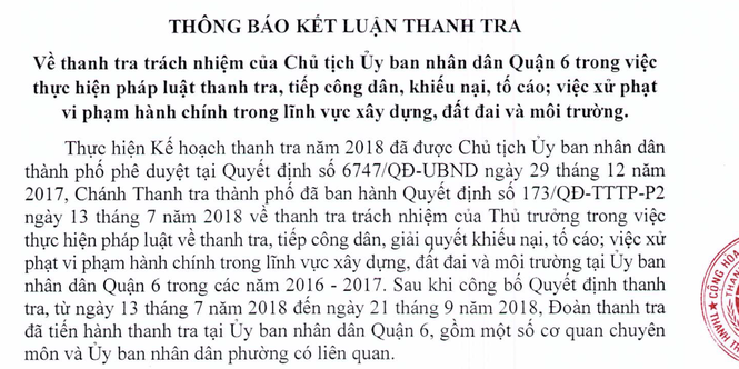 Thông báo kết luận thanh tra về trách nhiệm của Chủ tịch UBND Quận 6. (Ảnh: Tiền Phong)