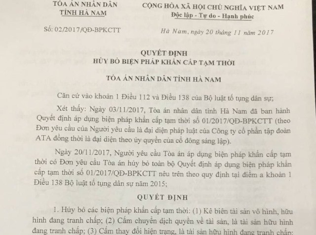 Hủy quyết định phong tỏa Công ty Cổ phần phát triển Hà Nam