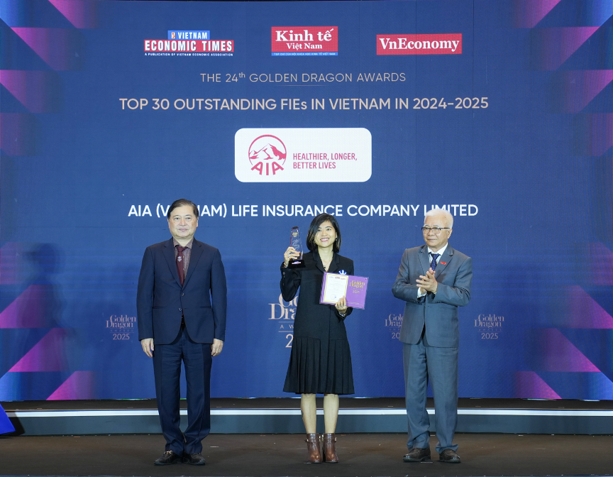 AIA Việt Nam vinh danh ở hạng mục “Doanh nghiệp bảo hiểm nhân thọ dẫn đầu về các sản phẩm sống” năm 2024-2025 trong khuôn khổ Giải thưởng Rồng Vàng.