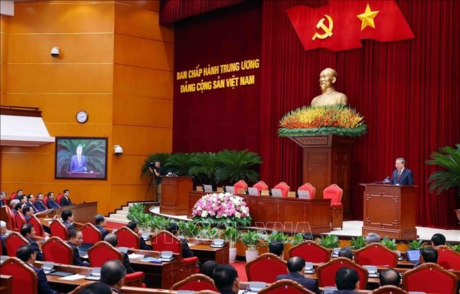 Tổng Bí thư Tô Lâm phát biểu bế mạc Hội nghị lần thứ mười hai Ban Chấp hành Trung ương Đảng khóa XIII. Ảnh: Phạm Kiên/TTXVN.