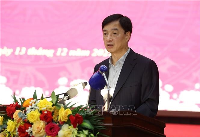 Ủy viên Bộ Chính trị, Bí thư Thành ủy Hà Nội Nguyễn Duy Ngọc phát biểu tại hội nghị. 