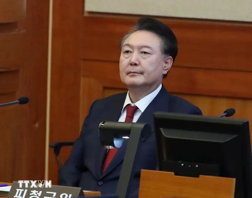 Tổng thống bị luận tội của Hàn Quốc Yoon Suk Yeol tại Tòa án Hiến pháp ở Seoul ngày 20/2. Ảnh: THX/TTXVN.