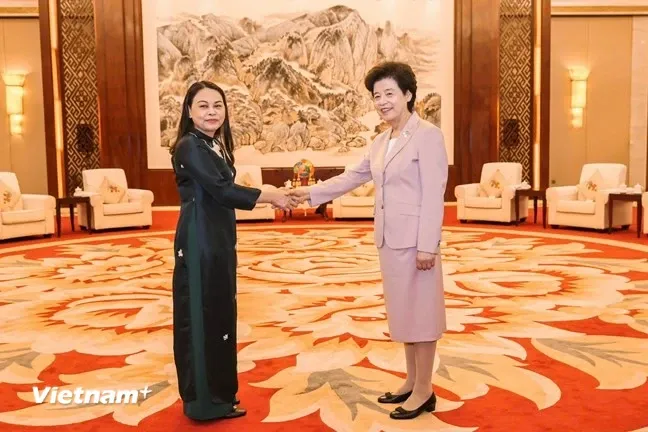 Phó Chủ tịch - Tổng Thư ký Uỷ ban Trung ương Mặt trận Tổ quốc Việt Nam Nguyễn Thị Thu Hà hội kiến với Phó Chủ tịch Chính hiệp toàn quốc Trung Quốc Hàm Huy. Ảnh: PV/Vietnam+