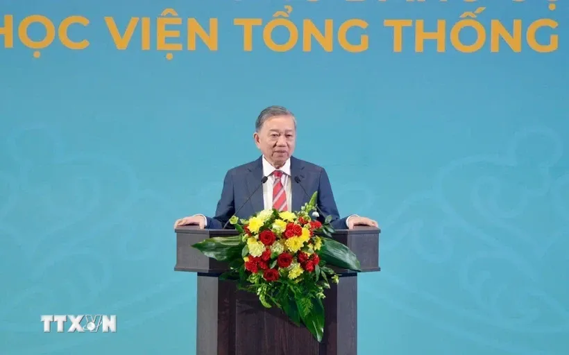 Tổng Bí thư Tô Lâm phát biểu Chính sách tại Học viện Tổng thống Nga. Ảnh: TTXVN 