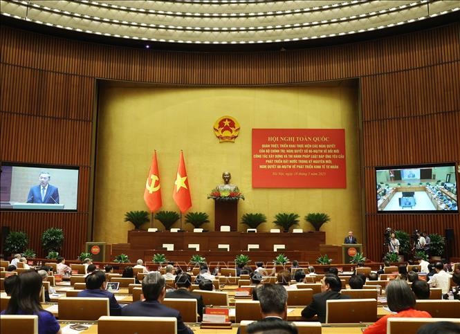 Tổng Bí thư Tô Lâm phát biểu chỉ đạo Hội nghị toàn quốc quán triệt, triển khai thực hiện Nghị quyết 66-NQ/TW và Nghị quyết 68-NQ/TW của Bộ Chính trị. Ảnh: Thống Nhất/TTXVN.