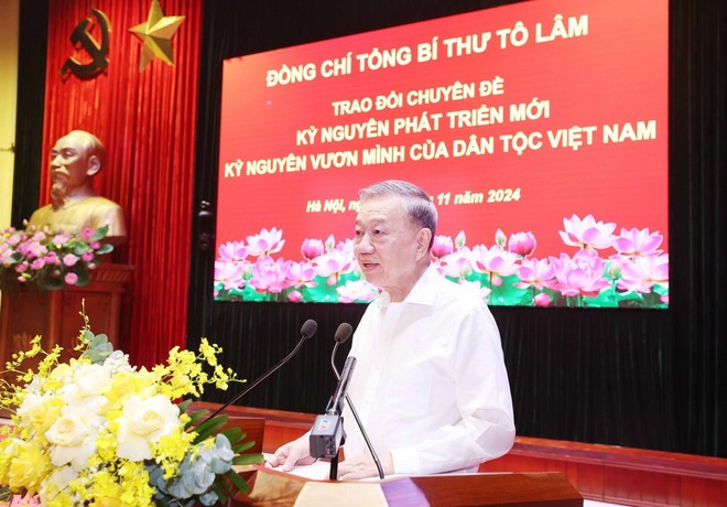 Tổng Bí thư Tô Lâm trao đổi chuyên đề “Kỷ nguyên phát triển mới - Kỷ nguyên vươn mình của dân tộc Việt Nam.”