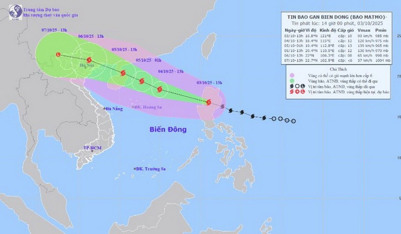 HÌnh ảnh vị trí và đường đi của bão Matmo lúc 13h ngày 3/10/2025. (Nguồn: Trung tâm Dự báo Khí tượng Thủy văn Quốc gia)