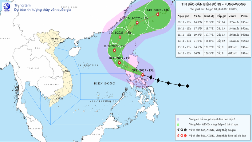 Vị trí và đường đi của bão Fung-wong. Nguồn: Trung tâm Dự báo Khí tượng Thủy văn Quốc gia