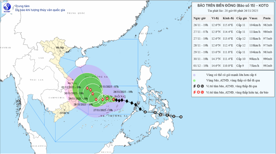 Vị trí tâm bão số 15 hồi 20 giờ ngày 26/11. Ảnh: KTTV.