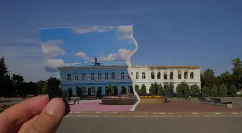 Mặt tiền phía Tây của nhà thi đấu nữ trước đây so với ảnh năm 2021. Ảnh: UNESCO