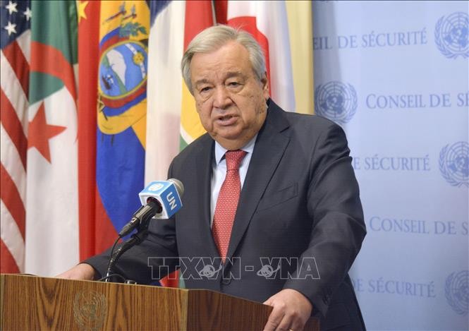 Tổng thư ký LHQ Antonio Guterres phát biểu tại cuộc họp báo ở New York, Mỹ. Ảnh: Kyodo/TTXVN