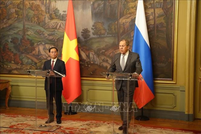 Phó Thủ tướng, Bộ trưởng Ngoại giao Bùi Thanh Sơn và Bộ trưởng Ngoại giao Nga Sergey Lavrov trong họp báo sau hội đàm, ngày 2/4. Ảnh: Quang Vinh/TTXVN tại LB Nga