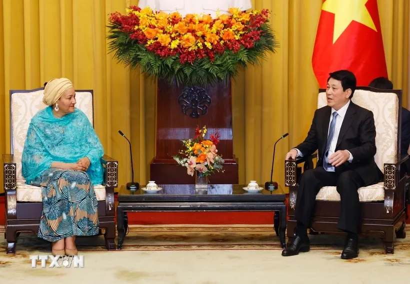 Chủ tịch nước Lương Cường tiếp Phó Tổng Thư ký Liên hợp quốc Amina Mohammed. Ảnh: Lâm Khánh/TTXVN