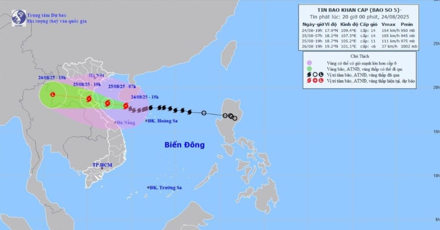 Thông tin về cơn bão số 5 lúc 21 giờ ngày 24/08. 