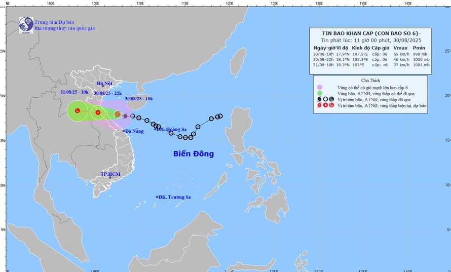 Vị trí và đường đi của bão số 6. Nguồn: Trung tâm Dự báo Khí tượng Thủy văn Quốc gia