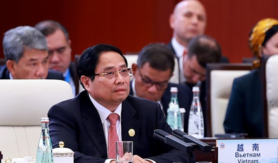 Thủ tướng Phạm Minh Chính phát biểu tại Hội nghị Thượng đỉnh Tổ chức Hợp tác Thượng Hải 2025 mở rộng (SCO +). Ảnh: Dương Giang