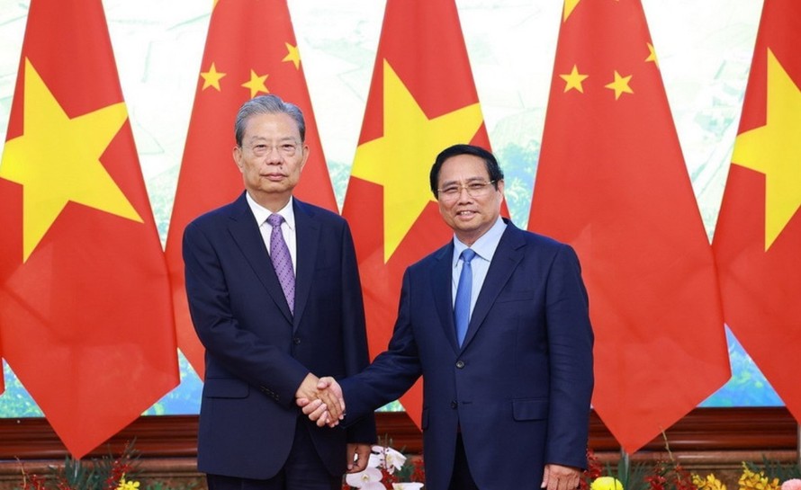 Thủ tướng Phạm Minh Chính hội kiến Ủy viên trưởng Nhân đại Toàn quốc Trung Quốc Triệu Lạc Tế. Ảnh: Dương Giang