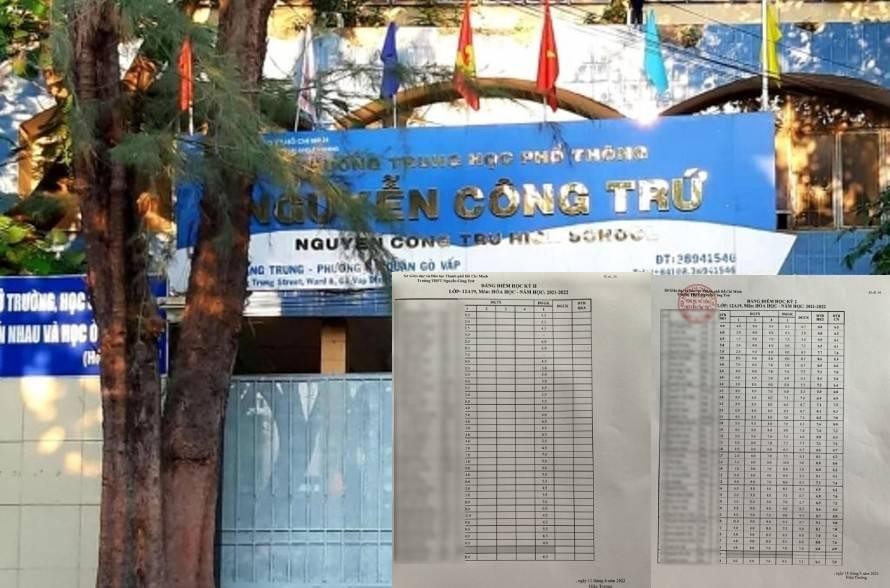 Điểm trước khi được nâng (ảnh nhỏ trái) và điểm sau khi được nâng (ảnh nhỏ phải) của học sinh lớp 12A19 ở trường THPT Nguyễn Công Trứ. 