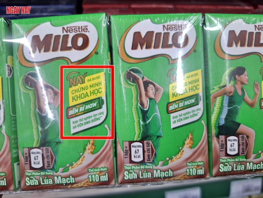 Nestlé Việt Nam dùng dòng chữ "được thử nghiệm lâm sàng bởi Viện Dinh dưỡng" để quảng cáo sữa lúa mạch Milo. Ảnh: Lê Xuân Thọ