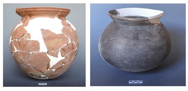 Những chiếc bình thời nhà Thương (khoảng 1600 TCN-1046 TCN) được khai quật từ Di chỉ làng Gucheng ở tỉnh Vân Nam. Ảnh: Globaltimes.