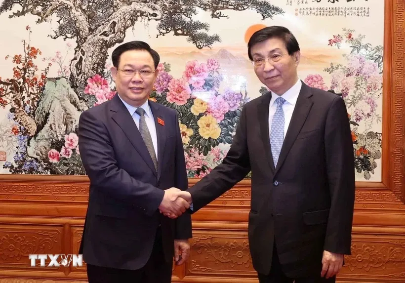 Chủ tịch Chính hiệp toàn quốc Trung Quốc Vương Hộ Ninh đón Chủ tịch Quốc hội Vương Đình Huệ. Ảnh: Nhan Sáng/TTXVN.