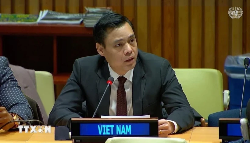 Đại sứ Đặng Hoàng Giang, Trưởng Phái đoàn Đại diện Thường trực Việt Nam tại Liên hợp quốc, phát biểu tại Hội nghị. Ảnh: TTXVN