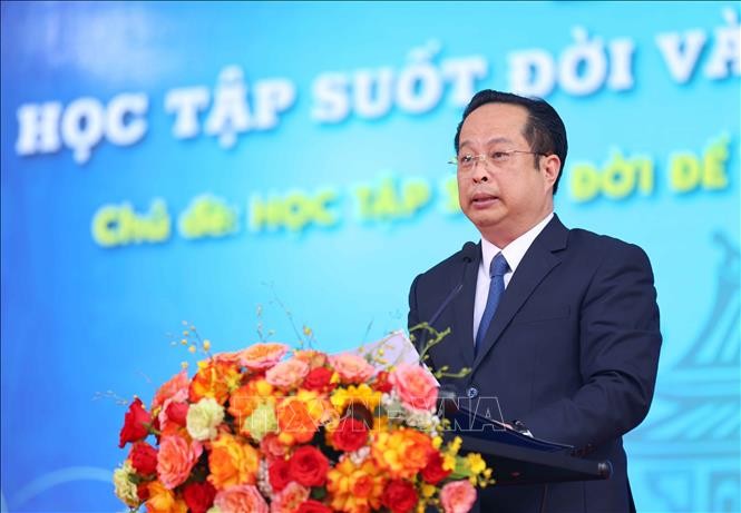 Giám đốc Sở Giáo dục và Đào tạo Hà Nội Trần Thế Cương phát biểu. Ảnh: Thanh Tùng/TTXVN.