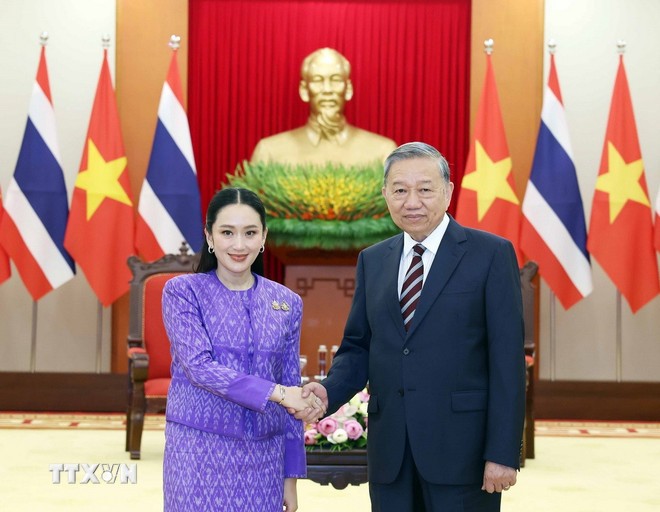 Tổng Bí thư Tô Lâm tiếp Thủ tướng Thái Lan Paetongtarn Shinawatra. Ảnh: TTXVN