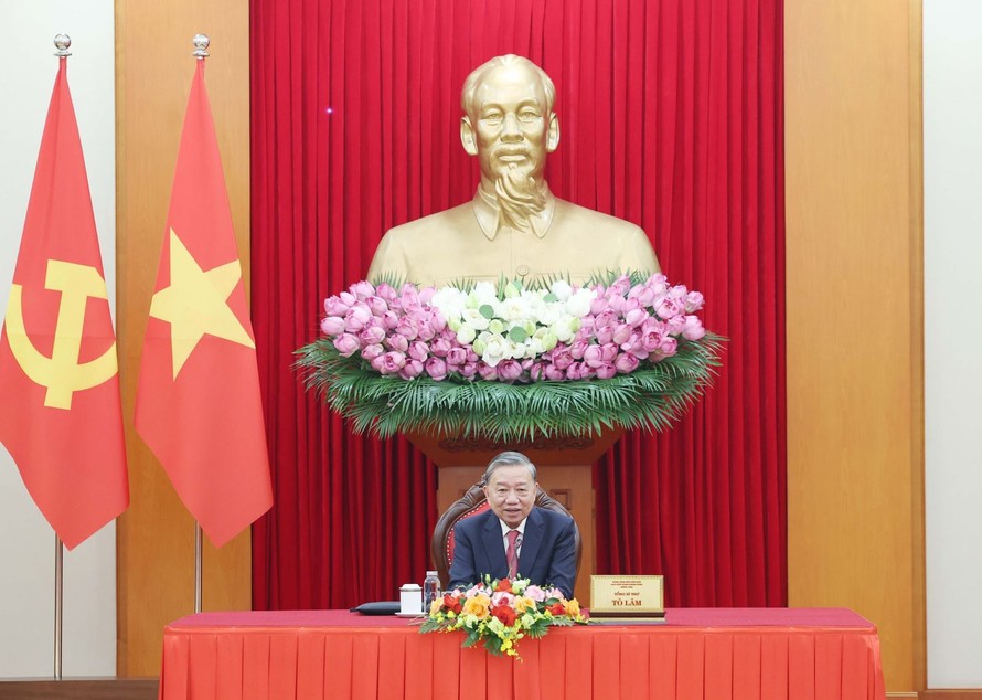 Tổng Bí thư Tô Lâm điện đàm với Tổng thống Hoa Kỳ Donald Trump. Ảnh: Thống Nhất/TTXVN.