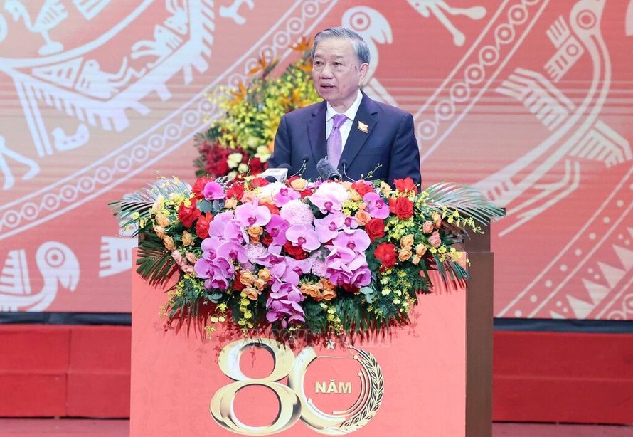 Tổng Bí thư Tô Lâm phát biểu tại Lễ kỷ niệm 80 năm thành lập Chính phủ. Ảnh: Thống Nhất/TTXVN.