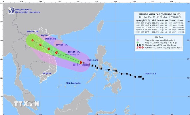 Hướng di chuyển của bão số 10 lúc 7 giờ ngày 27/9. Nguồn: TTXVN.