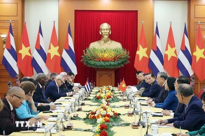 Tổng Bí thư Tô Lâm tiếp Chủ tịch Quốc hội Chính quyền nhân dân và Hội đồng Nhà nước Cuba Esteban Lazo Hernández sang thăm chính thức Việt Nam. Ảnh: Thống Nhất/TTXVN.