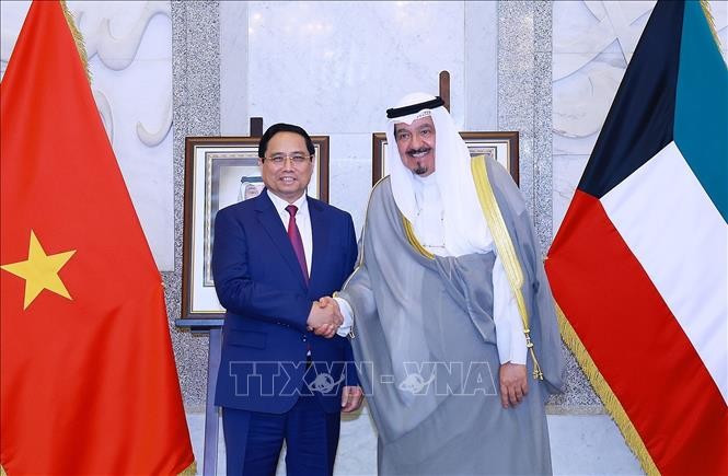 Thủ tướng Phạm Minh Chính hội đàm với Thủ tướng Nhà nước Kuwait Sheikh Ahmad Abdullah Al-Ahmad Al Sabah. Ảnh: Dương Giang/TTXVN.