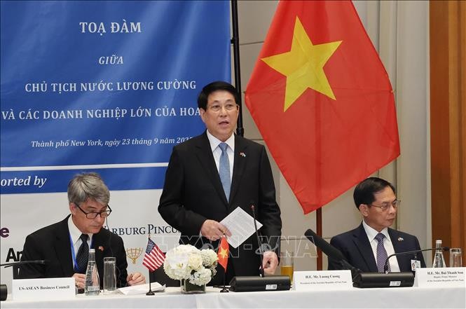 Chủ tịch nước Lương Cường phát biểu tại toạ đàm với doanh nghiệp lớn của Mỹ. Ảnh: Lâm Khánh/TTXVN