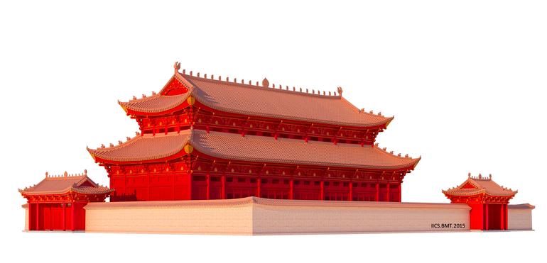 Bản vẽ 3D phục dựng hình thái kiến trúc cung điện thời Lý (dựa trên vết tích khảo cổ học khu vực xây dựng Nhà Quốc hội) do Viện Nghiên cứu Kinh thành thực hiện.