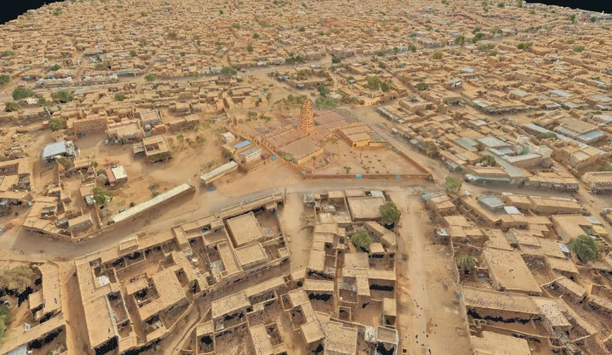 Bản quét 3D của Nhà thờ Hồi giáo Agadez ở Niger, do Iconem – một trong những đối tác sáng lập của HeritageWatch.AI – thực hiện cho một dự án hiện có được tài trợ bởi một đối tác sáng lập khác, Quỹ Aliph.