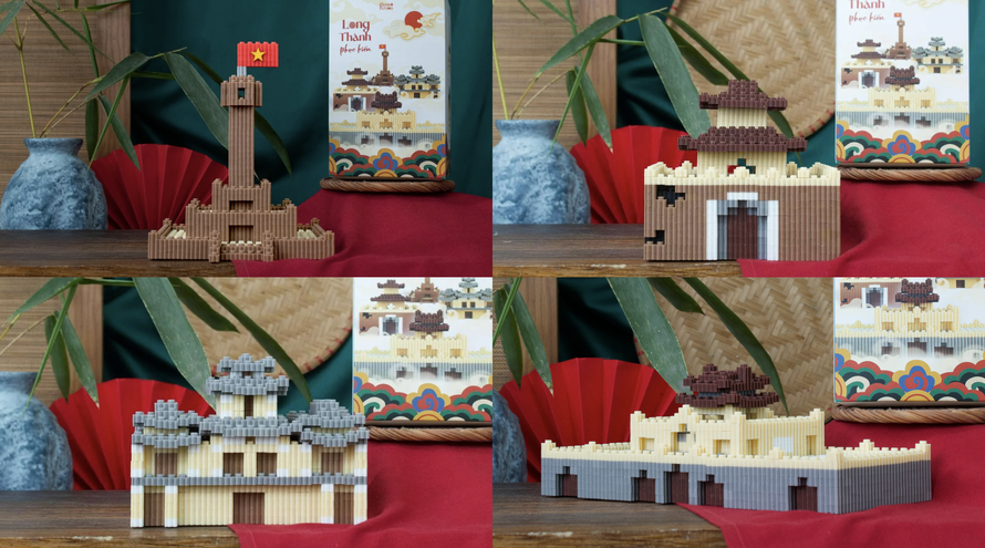 Sản phẩm túi mù tái hiện sinh động 4 kiến trúc gồm Cột cờ Hà Nội, Chính Bắc Môn, Lầu Công Chúa (Hậu Lâu) và Cổng Đoan Môn.