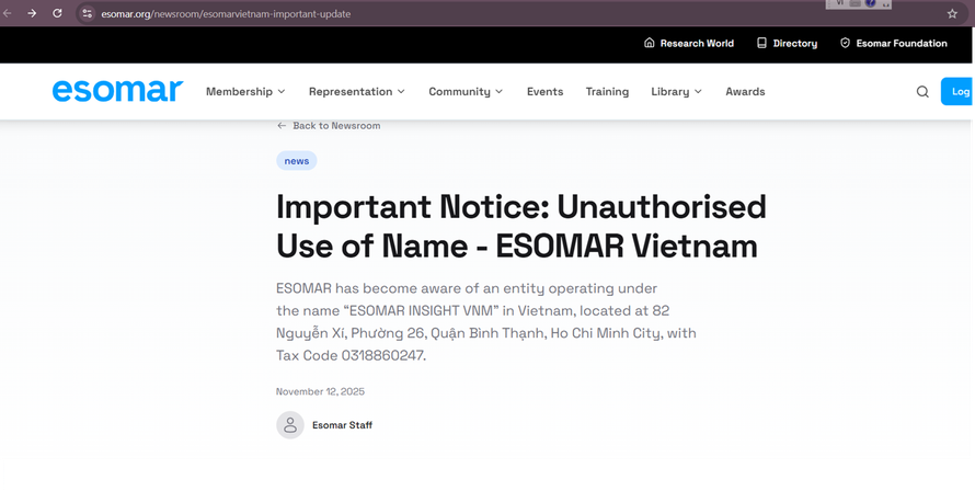ESOMAR khẳng định không liên quan tới doanh nghiệp ESOMAR INSIGHT VNM của Việt Nam