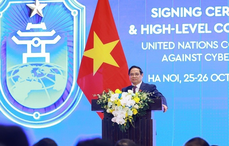 Thủ tướng Phạm Minh Chính phát biểu tại cuộc gặp gỡ báo chí Lễ mở ký và Hội nghị cấp cao Công ước của Liên hợp quốc về chống tội phạm mạng.