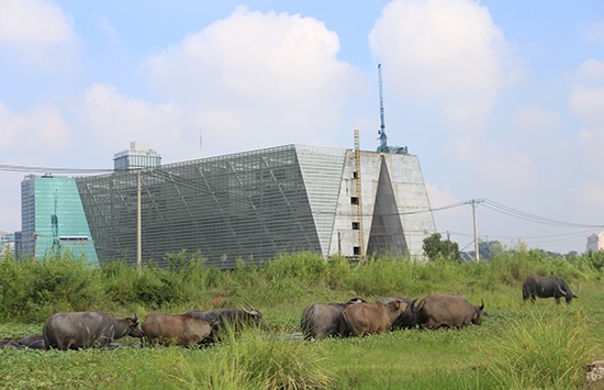 Công trình Trung tâm Triển lãm quy hoạch TP nhiều năm qua chỉ là một khối bê tông nằm trơ trọi giữa đồng trống. Ảnh: Trần Anh Ngọc