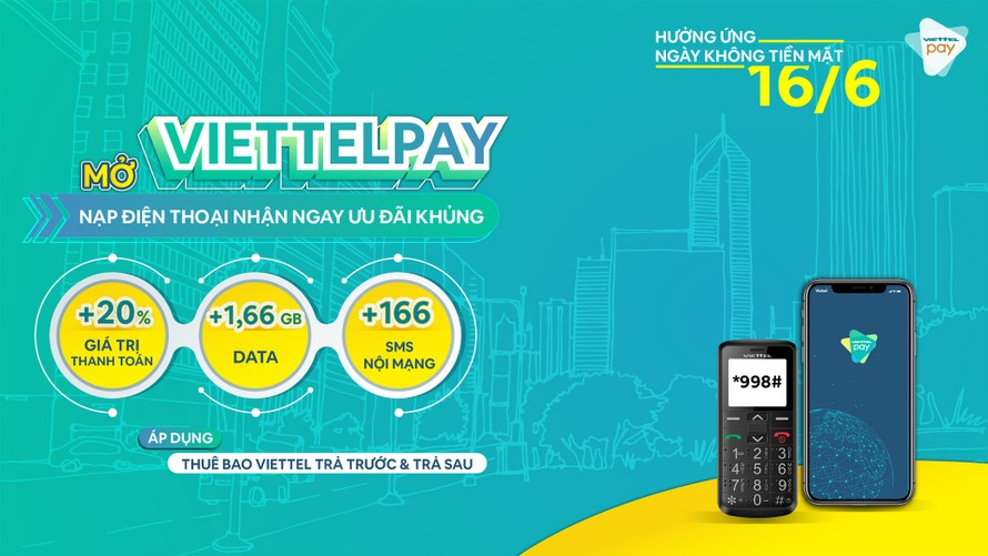 Hưởng ứng “Ngày không tiền mặt” tại Việt Nam, trong ngày 16/6, các thuê bao Viettel trả trước, trả sau thực hiện thanh toán tiền điện thoại cho chính mình từ 50.000 đồng trở lên qua ứng dụng ViettelPay sẽ được hưởng chương trình khuyến mại vô cùng hấp dẫ