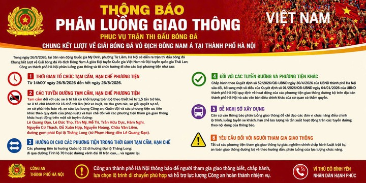 Phân luồng giao thông phục vụ chung kết ASEAN Cup Việt Nam - Thái Lan